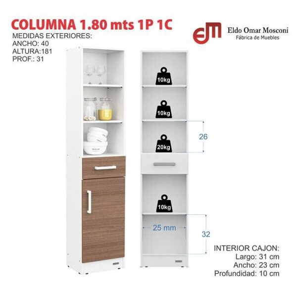 DESPENSERO MOSCONI ORGANIZADOR 180 CM PUERTA CAJoN Y ESTANTES 10200 COLOR BLANCO FRENTE CARVALHO MEZZO - Imagen 2