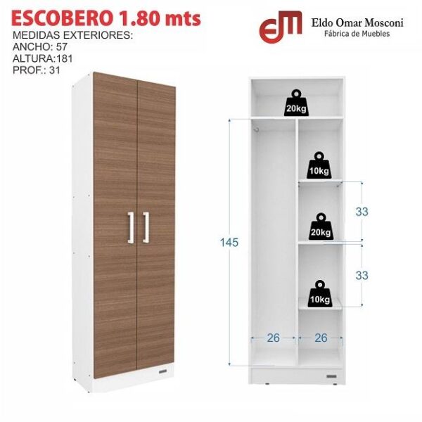 ESCOBERO MOSCONI MUEBLE ORGANIZADOR DE LIMPIEZA 180 CM 2 PUERTAS 10162 COLOR BLANCO - Imagen 3