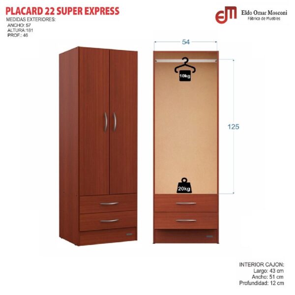 PLACARD ROPERO 2 PUERTAS INTERIOR SIN PINTAR MOSCONI 56336 COLOR CHOCOLATE - Imagen 2