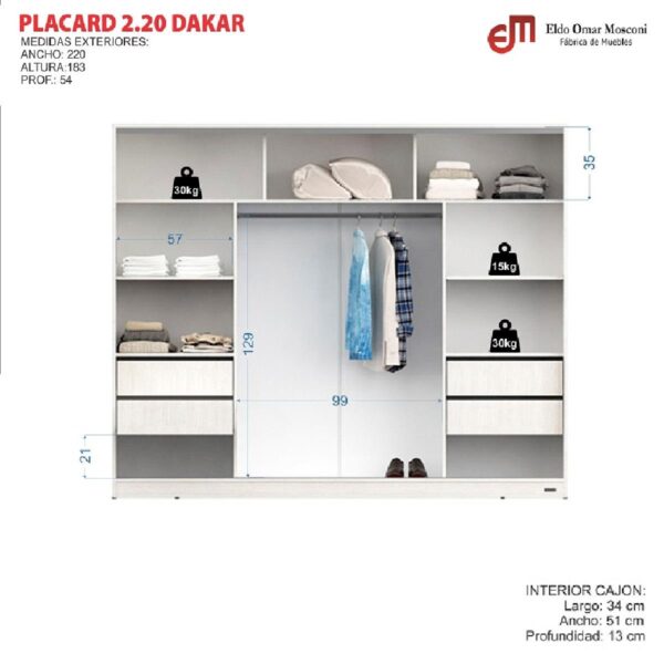 PLACARD MOSCONI 3 PUERTAS CORREDIZAS DAKAR 220 CM GUIA SUAVE 56761 COLOR BLANCO - Imagen 2